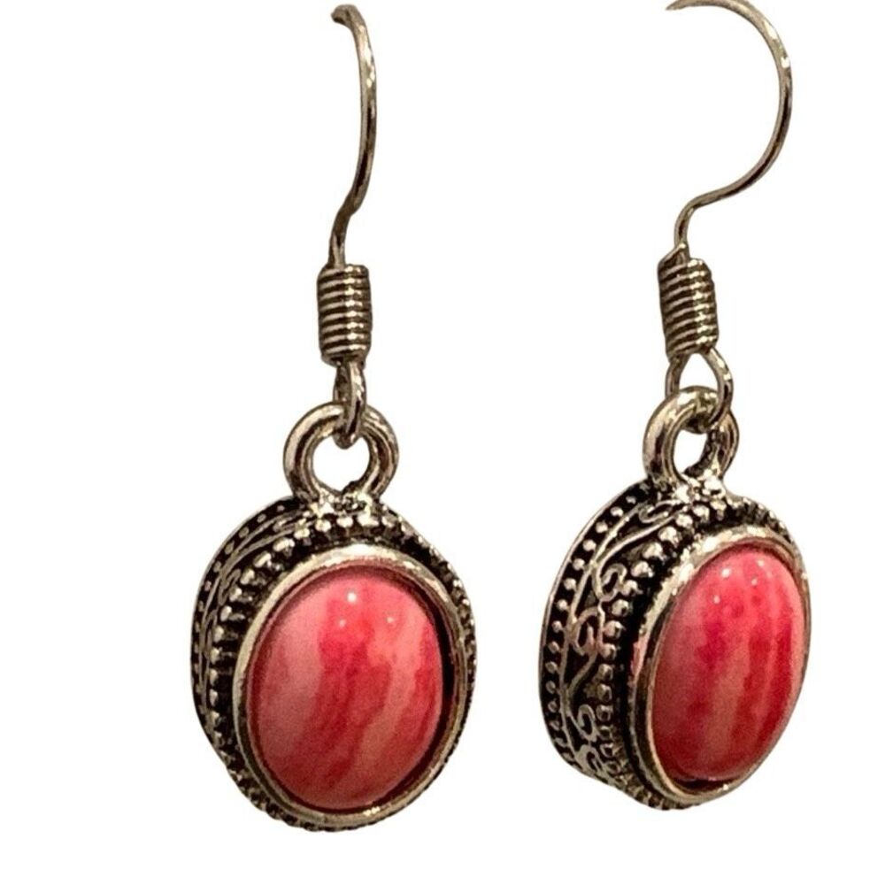 Balinese Style Coral Red Stone Drop Earrings Dark Silver Tone